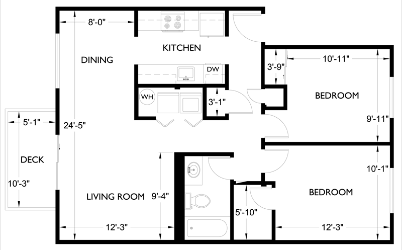 Floor plan for 2 beds, 1 bath, 840 sqft